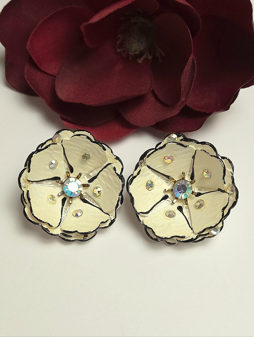 Vintage Handmade Acrylic Flower Petal Aurora Borealis Crystal Earrings Clip On